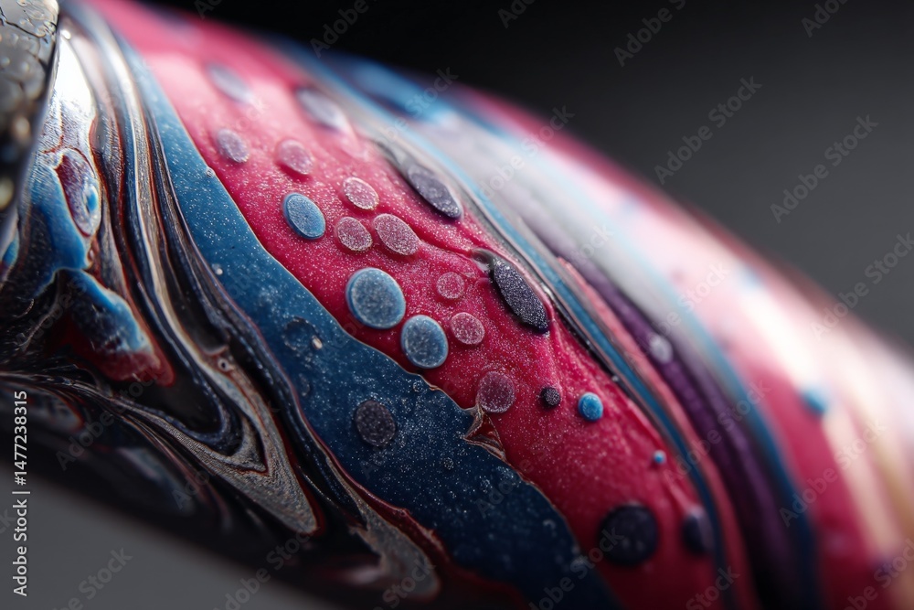 Poster Colorful abstract design with vibrant swirls and bubbles on a close-up surface under soft lighting conditions