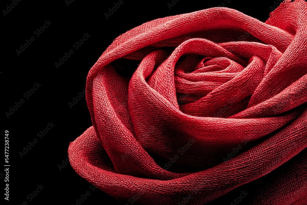 Poster beautiful red rose crafted from fabric with intricate folds and textures against a black background