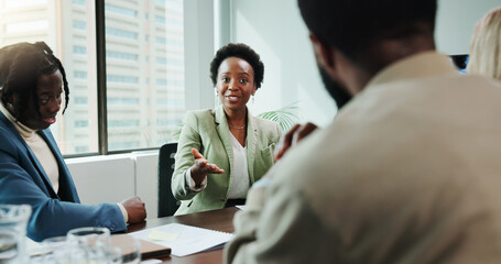 Office, business people and woman with discussion in meeting, finance update and feedback for...