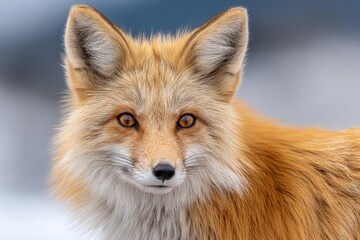 Fototapeta premium Beautiful red fox standing calmly in a snowy landscape during winter in a natural habitat