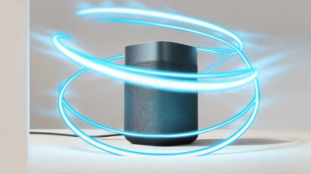 smart speaker with blue light trails in the background. The speaker is standing on a plain surface, a white background with a cable plugged in