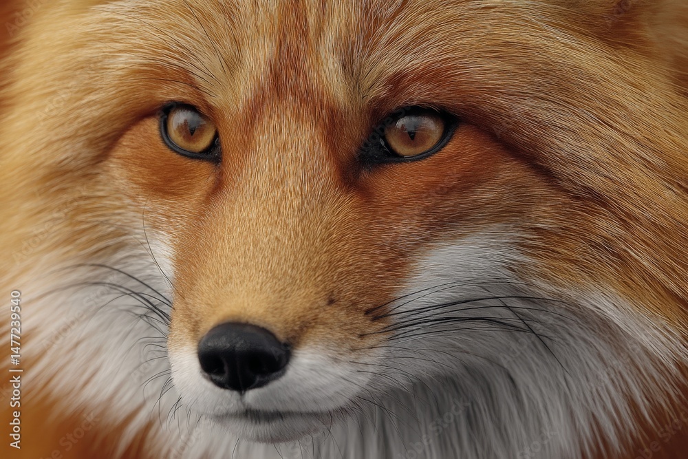Aufkleber Close-up view of a red fox showing intricate fur details and expressive eyes in a serene forest setting during golden hour