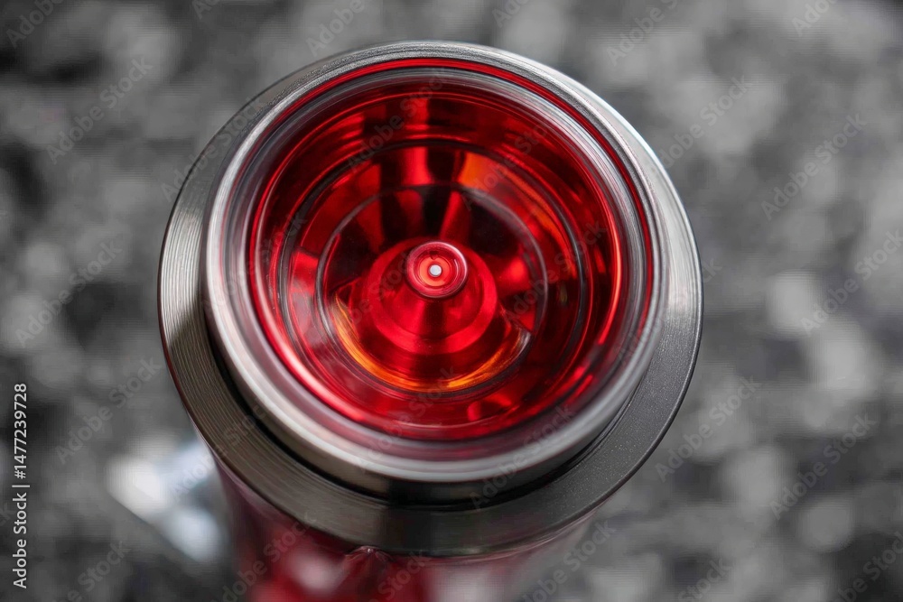 Poster curved red and silver bottle with intricate design viewed from above, showcasing vibrant colors in m