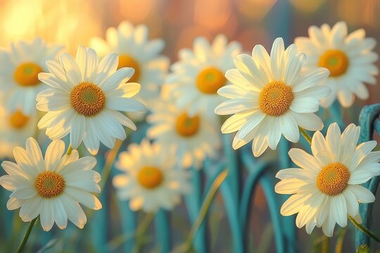 Bright daisies blooming in a garden during late afternoon sunlight highlighting their vibrant colors