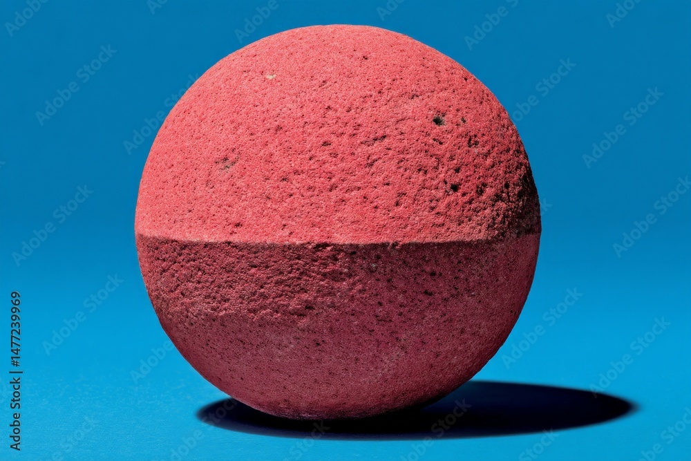 Aufkleber Bright red spherical object resting on a blue background casting a soft shadow