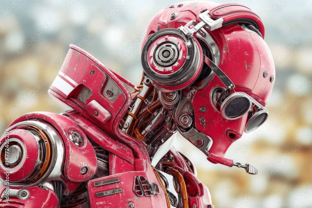 Aufkleber robot in red attire with headphones and goggles displays intricate mechanical details in an industri