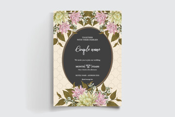WEDDING INVITATION FRAME WITH FLOWER DECORATIONS AND FRESH LEAVES