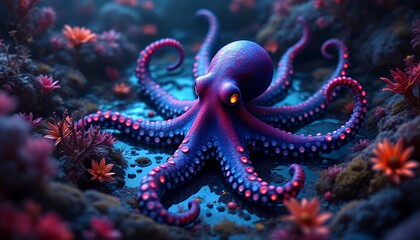 Obraz premium Luminous Octopus with Red Accents in a Vibrant Coral Reef Setting Close Up