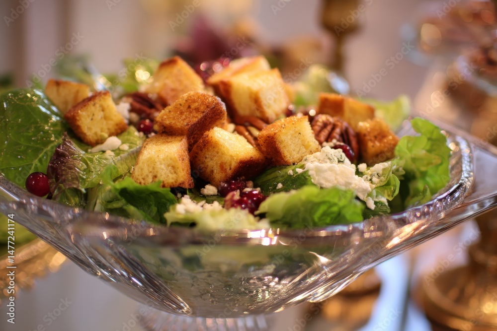 Poster fresh salad with croutons and nuts served at a festive gathering in a beautifully decorated setting