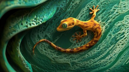 Obraz premium Close-up of a vibrant orange gecko on a teal, textured background.