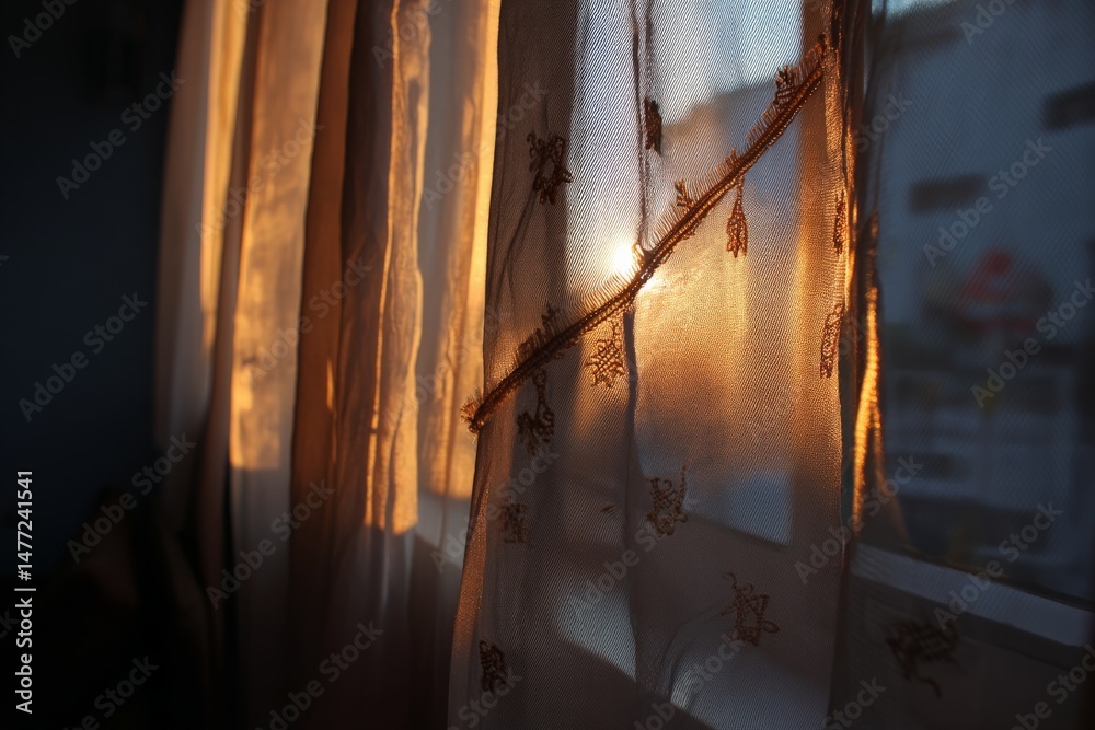 Poster sunlight filters through sheer curtains creating a warm glow in a cozy indoor space during the eveni