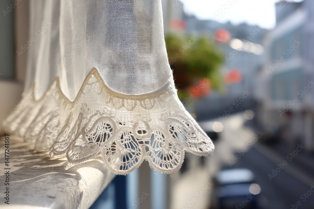 Poster light filters through lace curtains in a serene street setting during a sunny afternoon