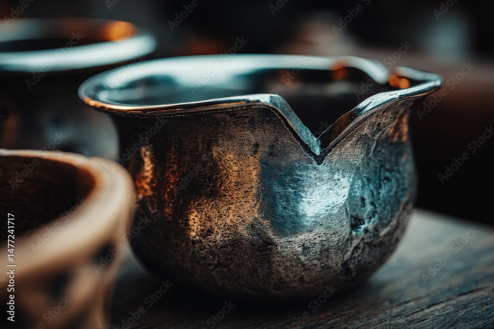 Poster detailed close-up of an antique metal pitcher highlighting intricate textures and craftsmanship in a