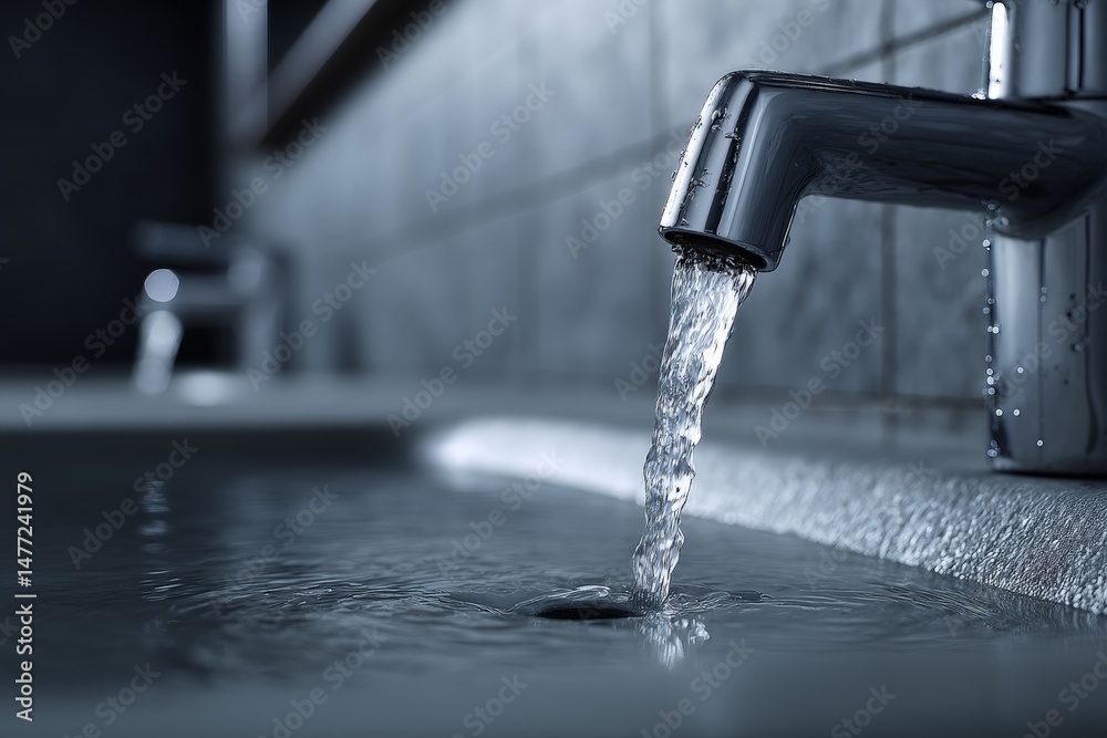 Aufkleber water flows from a modern faucet into a sink, creating ripples in the water at a contemporary bathro