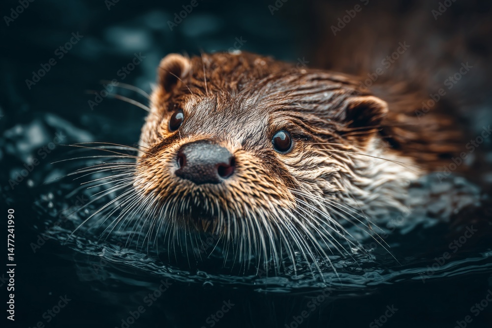 Poster otter swimming in a dark pond showing curiosity and playfulness near the surface on a sunny day