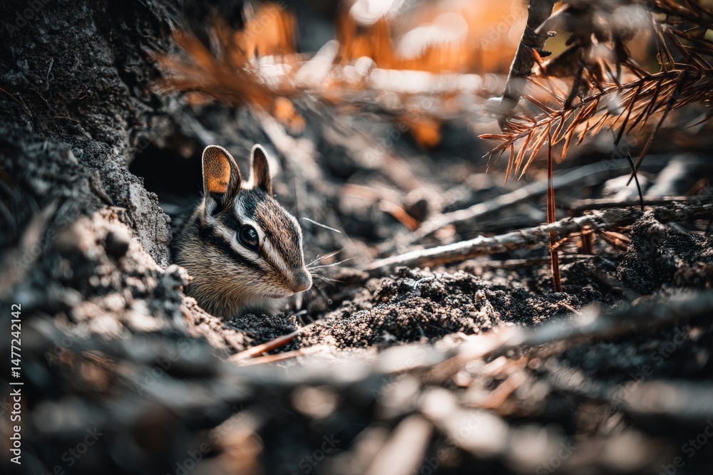 Poster chipmunk peering out from its burrow in the forest during a sunny afternoon in autumn