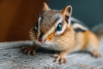 Obraz premium Chipmunk exploring a wooden log in a cozy indoor setting during daylight hours