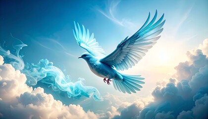 Serene blue dove soaring through ethereal clouds and sky.  A symbol of hope, peace, and freedom.