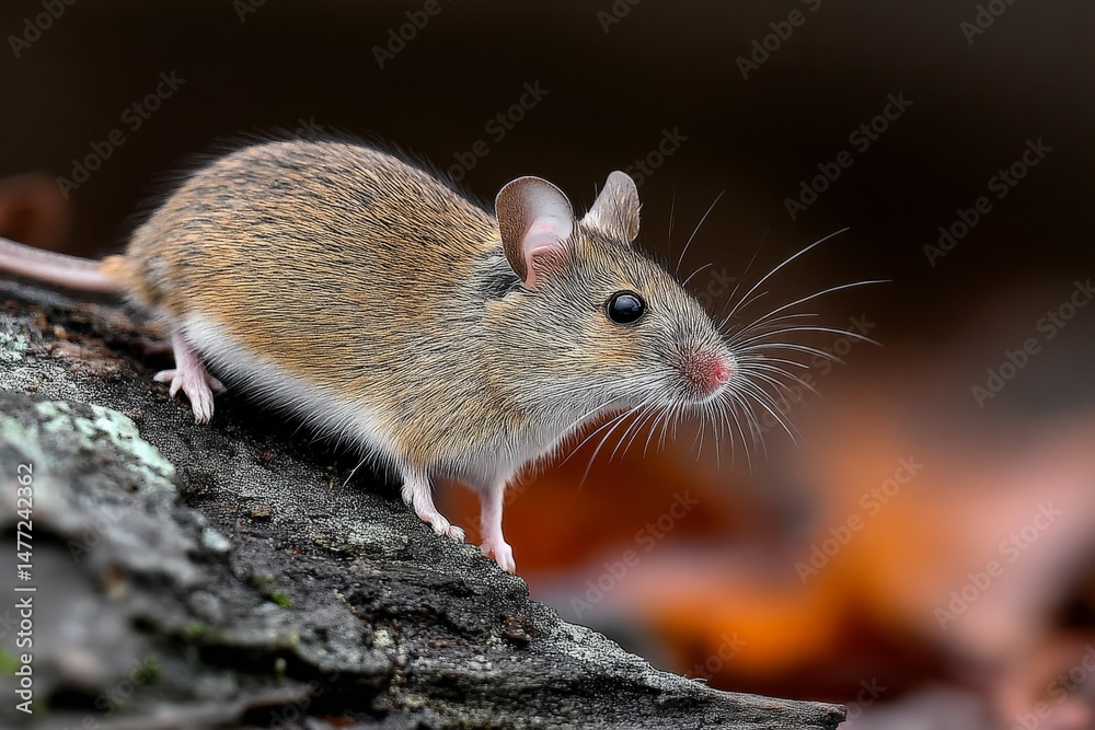 Poster small mammal forages on a moss-covered log in a forest setting during early morning light