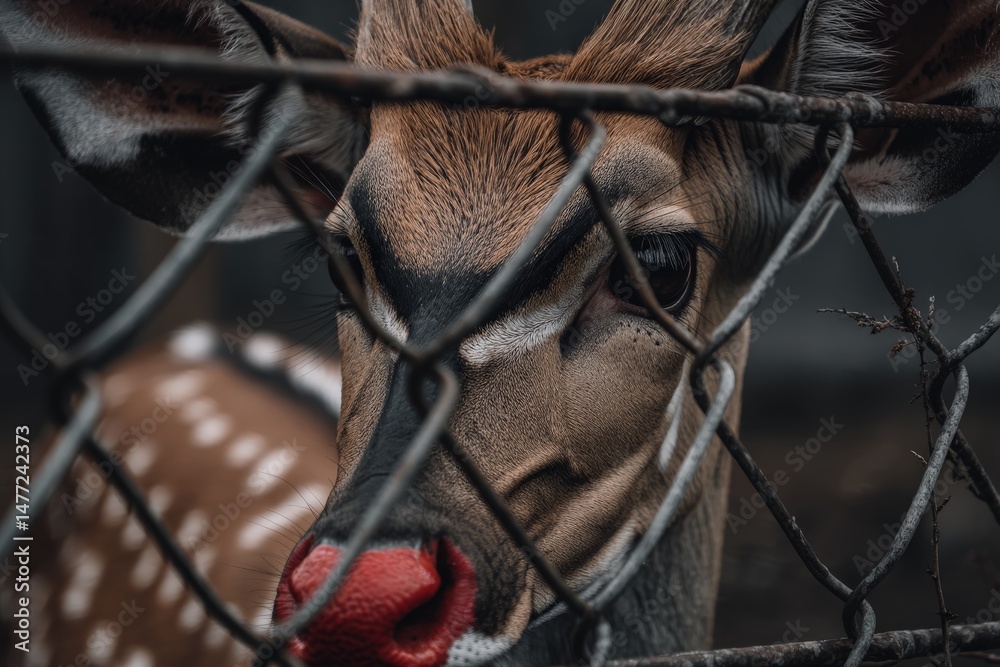 Poster close encounter with a curious deer behind a metal fence during a wildlife observation session in th