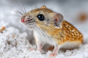 Close-up view of a small mouse in snowy winter landscape showcasing intricate details of its fur and bright eyes