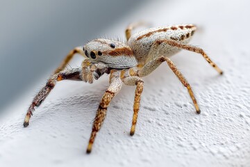 Close-up view of a tiny jumping spider on a textured surface in daylight