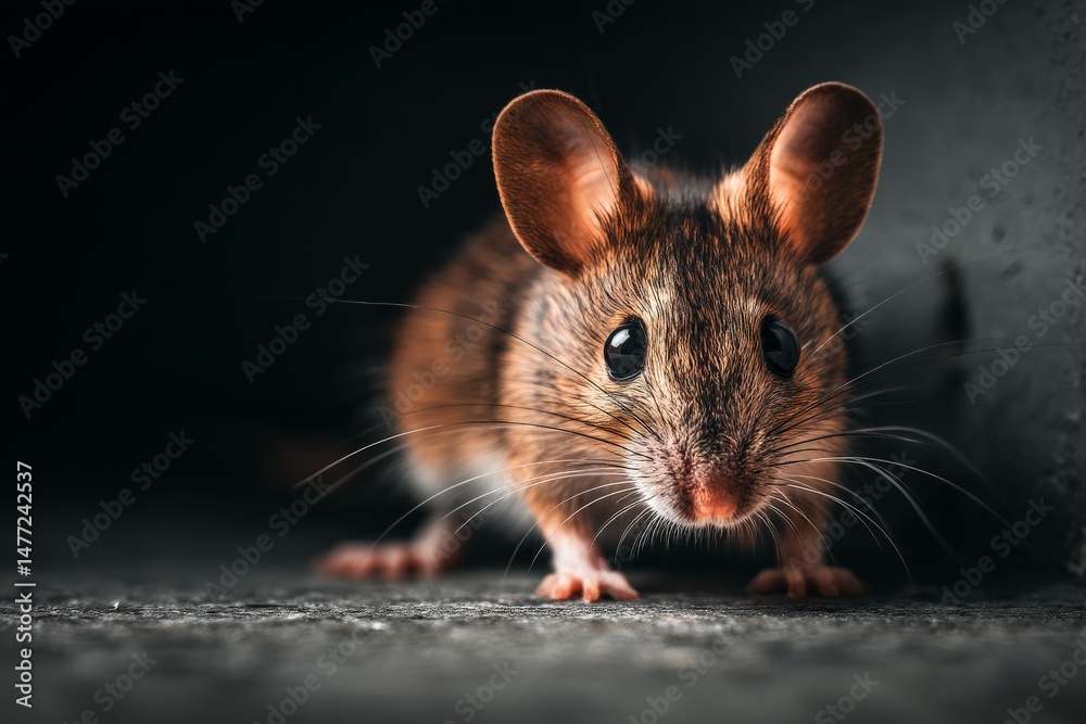 Poster small brown rodent exploring a dark corner in a close-up view during twilight hours