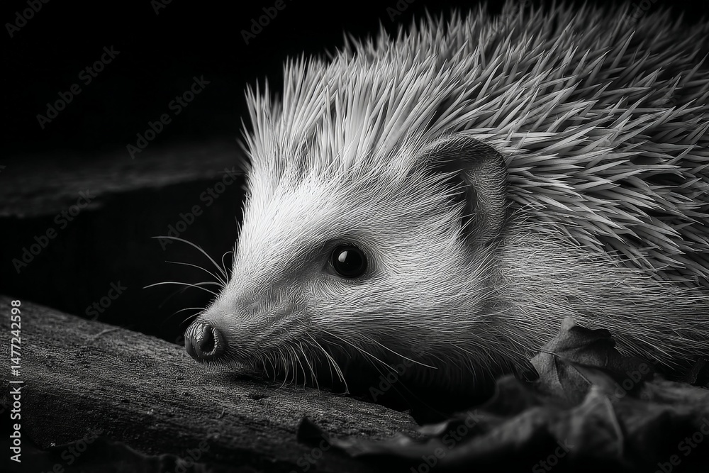 Poster close-up view of a hedgehog in a dark environment observing its surroundings at night