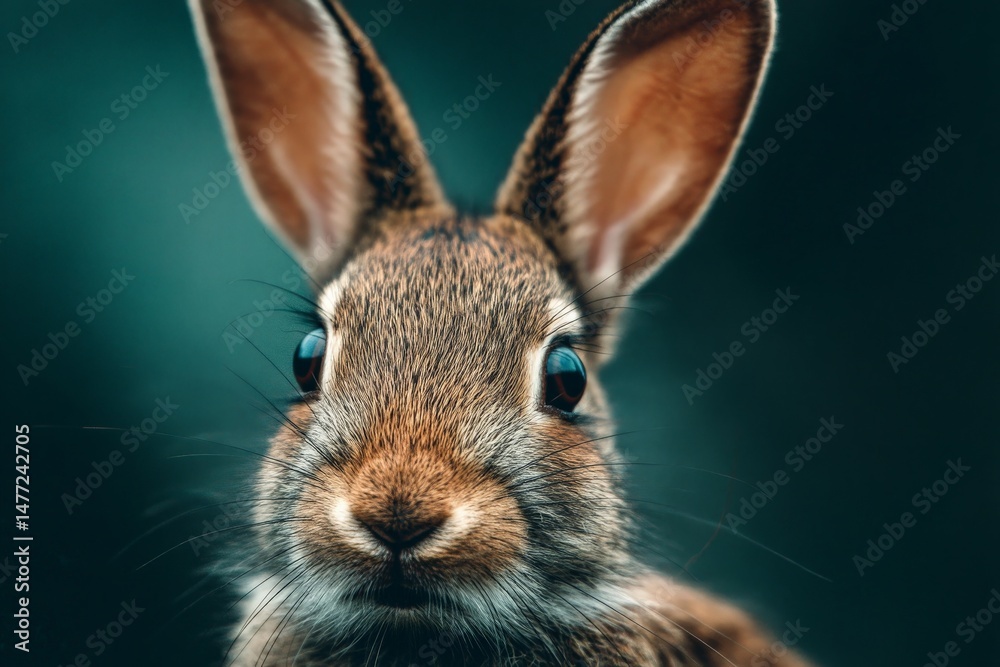 Aufkleber close-up of a rabbit with expressive eyes amidst a blurred natural background in soft lighting