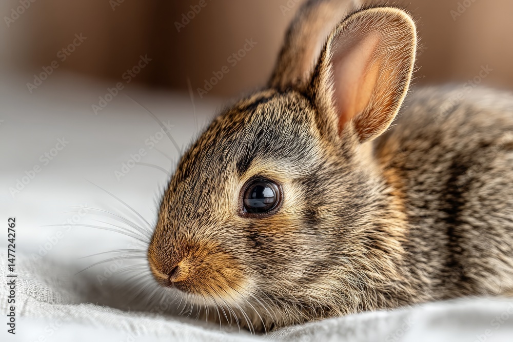 Aufkleber close-up view of a bunny resting peacefully on soft fabric in cozy indoor setting during daytime, sh