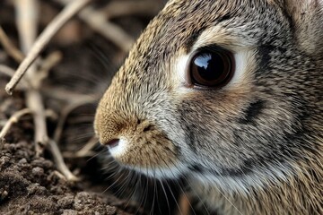 Close-up of a rabbit in its natural habitat showcasing intricate fur details and intense gaze during early morning light