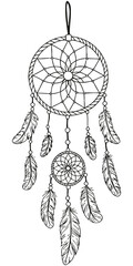 Intricate dreamcatcher vector with a circular woven web and hanging feathers, rendered in detailed hand-drawn style, symbolizing protection and tradition.
