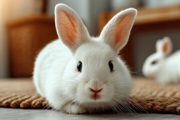 Fototapeta premium White rabbit resting comfortably indoors in a cozy home setting with natural light during a peaceful afternoon