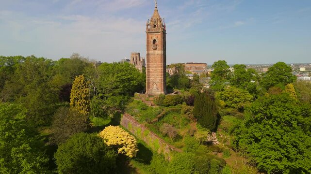 Aerial video over Brandon Hill in Bristol featuring Cabot Tower. 