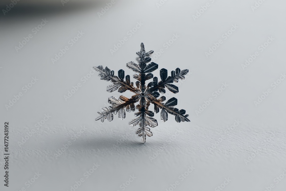 Poster Intricate snowflake resting on a flat surface showcasing unique crystalline structures in winter light