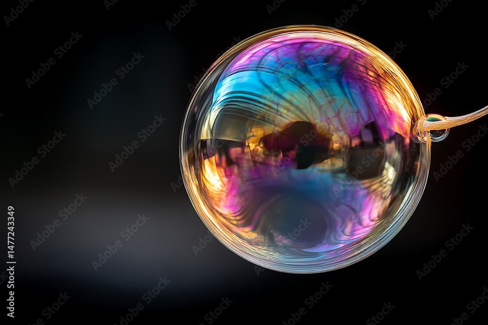 Leinwandbilder Beautiful soap bubble floating with vibrant reflections in a dark background capturing various colors and patterns