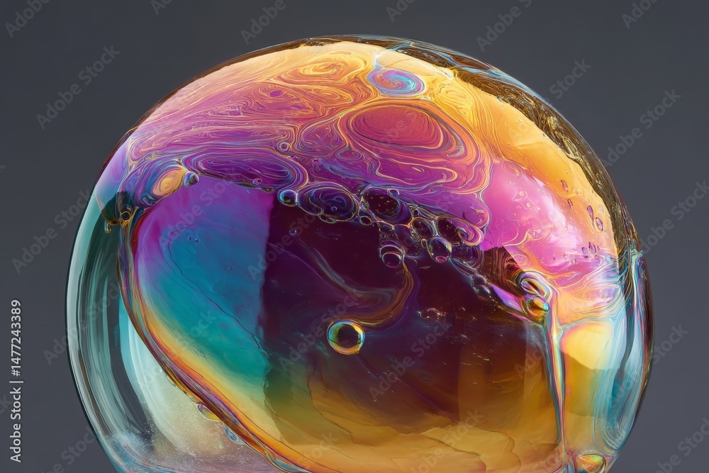 Poster Bubble art showcases vibrant colors and intricate patterns created by soap film reflections in a controlled environment
