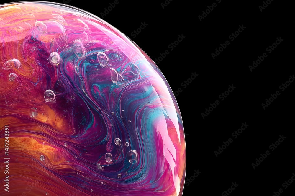 Aufkleber colorful soap bubble with swirling patterns and bubbles captured against a black background in vibra