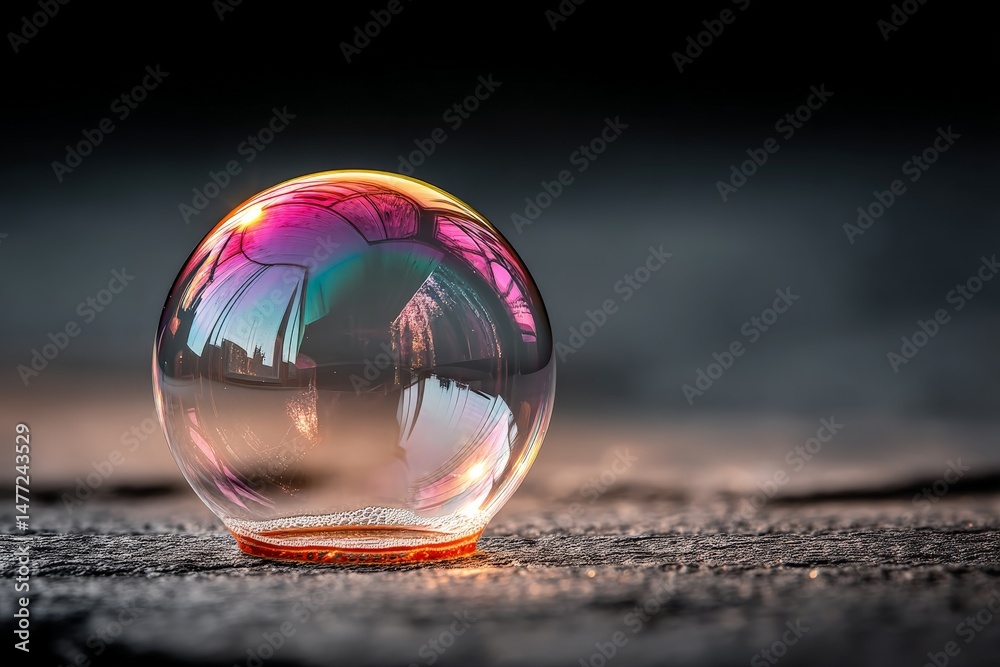 Poster Reflection of nature in a soap bubble resting on a textured surface during sunset