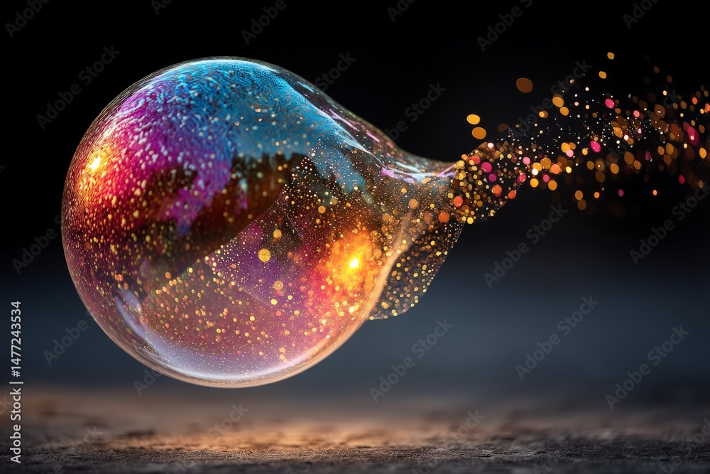 Poster colorful bubble bursting in mid-air with shimmering particles against a dark background at twilight