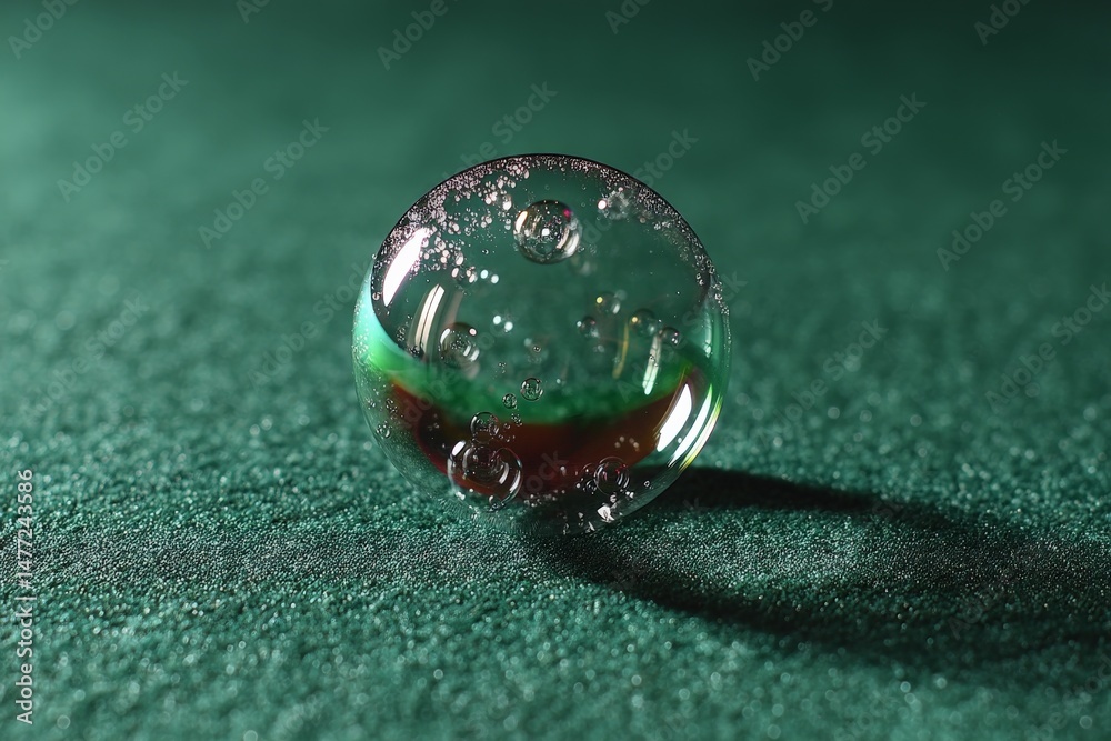 Poster Transparent sphere with bubbles reflecting light on green surface in low light setting
