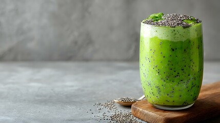 Green smoothie in a glass with chia seeds on top, placed on a light wood background, clean and modern layout with generous blank space at the bottom for text or product info