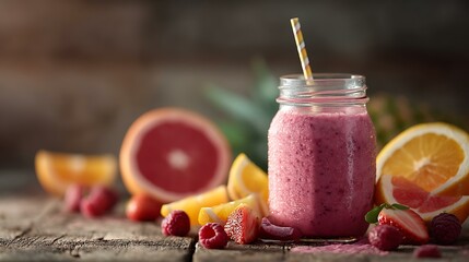 Refreshing fruit smoothie in a clear glass jar with a paper straw, placed on a rustic wooden background, surrounded by slices of fresh fruits, bright natural lighting, layout includes blank