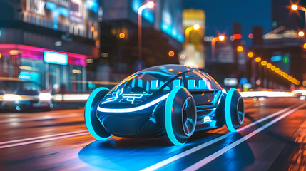 Fototapeta premium Futuristic car with neon lights driving on a city street at night with buildings in the background