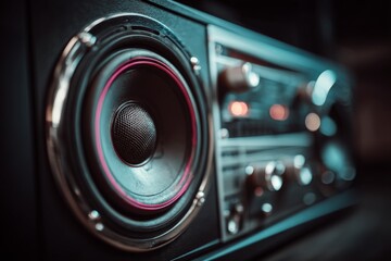 Fototapeta premium Close-up view of a vintage audio speaker showcasing intricate details and retro design in a dimly lit setting