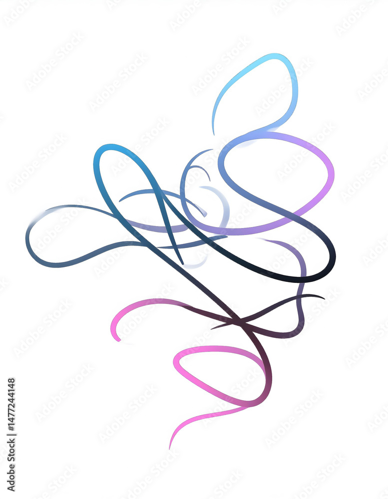 Poster graceful, flowing lines in shades of blue, purple, and pink intertwine and curl on a stark white bac