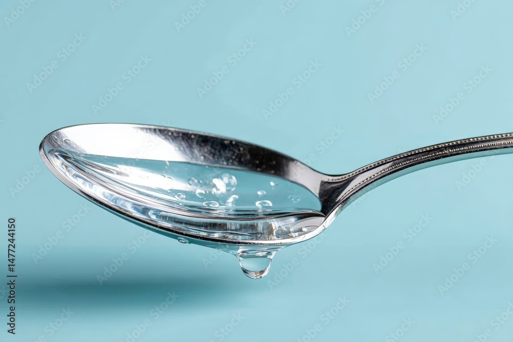 Poster water droplets suspended on a spoon reflecting light against a blue background in a minimalist setti