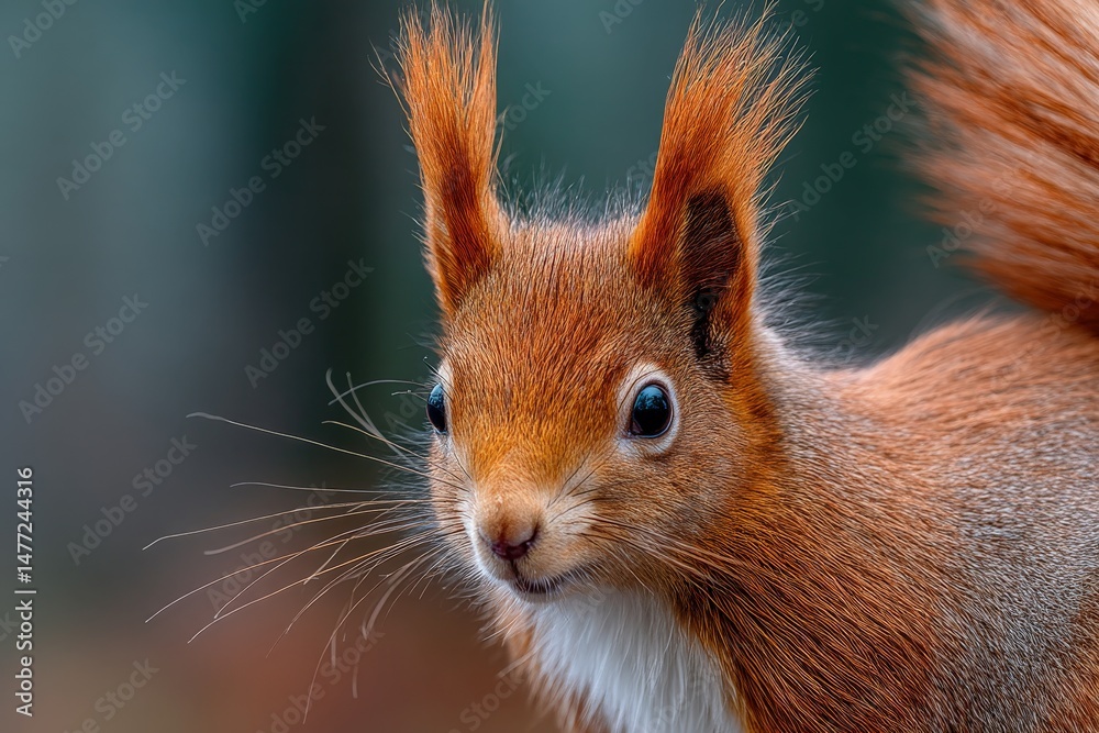 Poster cute red squirrel poses with fluffy tail in a serene forest setting during early morning light