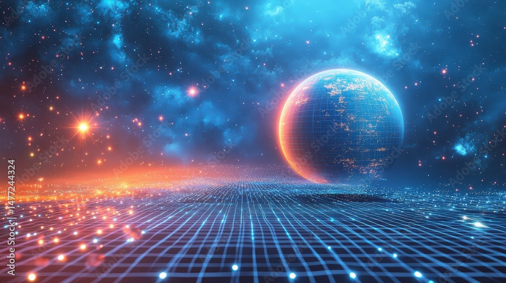Poster Futuristic digital grid landscape with glowing planet and nebula background.