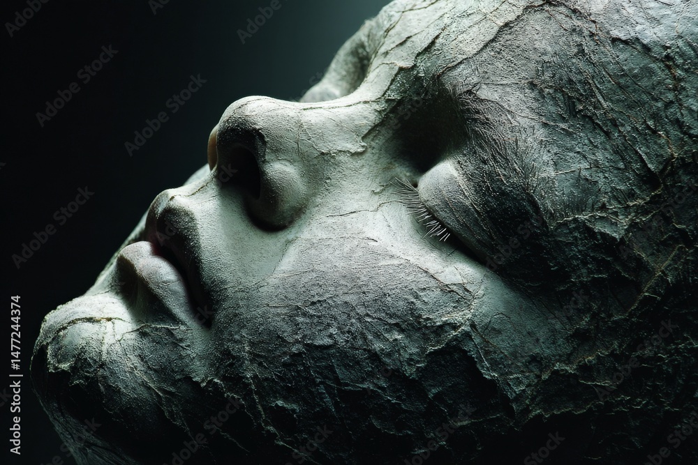 Poster Sculpted figure with textured surface displays serene expression in dimly lit space showcasing artistry and emotion
